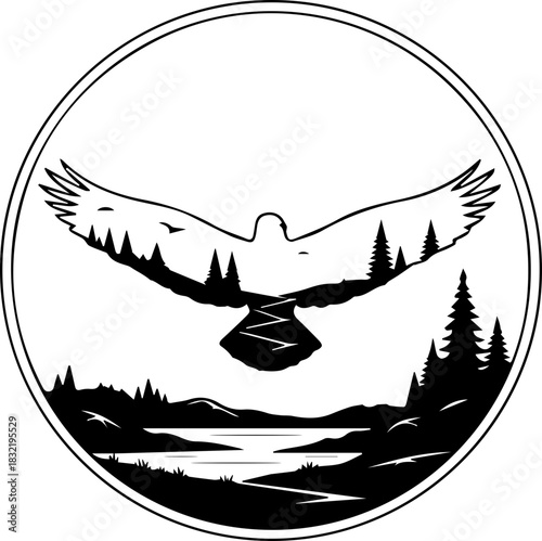 Majestic eagle soars above serene wilderness landscape, inviting adventure and symbolizing freedom, making it ideal for outdoor brands and nature enthusiasts