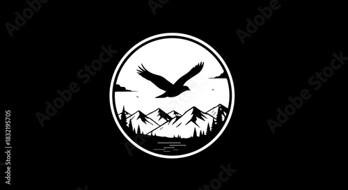 Majestic eagle soars above snow-capped mountains in a timeless nature emblem, perfect for outdoor brands and adventure travel designs, bold and impactful