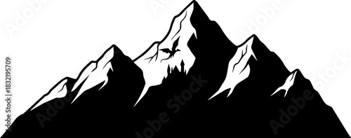Majestic mountain peaks create a dramatic landscape, perfect for adventure themes and outdoor branding, with a silhouette of a dragon soaring through the peaks