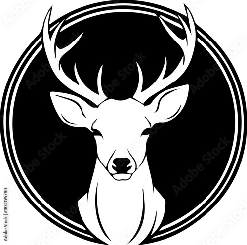 Majestic deer head with impressive antlers, striking logo for outdoor adventure brand or nature conservation, symbolizing strength and wild beauty