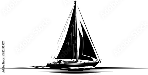 Dramatic black and white sailboat glides across the water, sailing into the horizon, a symbol of freedom, adventure, and nautical passion for yachting enthusiasts