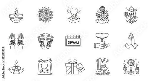 Collection of diwali icons featuring diya, mandala, firework, goddess, calendar, jewelry, hand, gift, and other festival related items