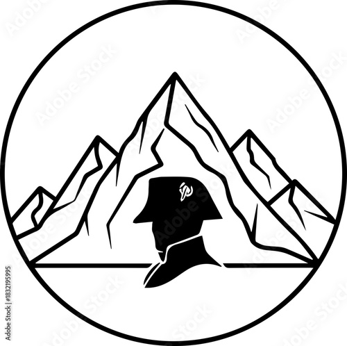 Bold mountain peak logo featuring a silhouette of Napoleon Bonaparte, symbolizing leadership, ambition, and conquest, perfect for branding and design.