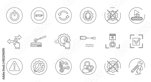 Collection of industrial and mechanical icons representing various functions and processes
