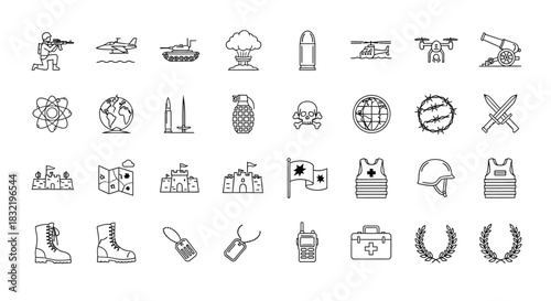 Set of military and war icons collection of army, weapon, and conflict symbols in outline style vector illustration
