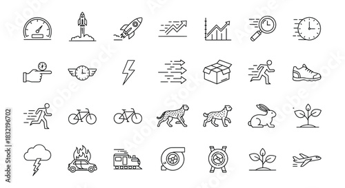 Collection of speed and motion icons isolated on, representing various concepts of velocity, progress, and acceleration