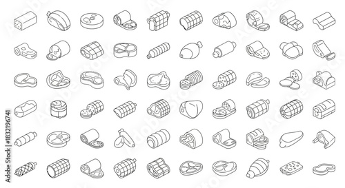 Collection of assorted meat products in outline style isolated on variety of processed meats like sausage, ham, bacon, and salami
