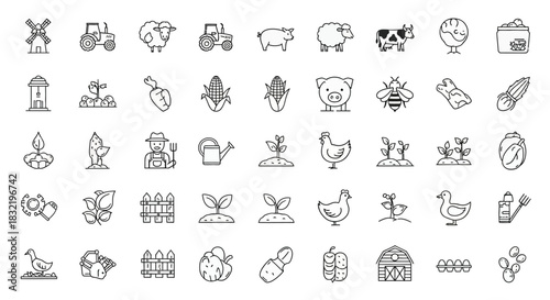 Collection of farm and agriculture icons isolated on, representing various elements of rural life and agricultural practices