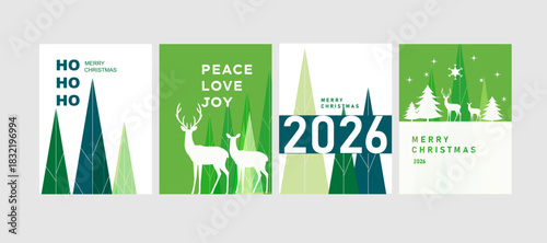 Modern Merry Christmas Colorful Holiday Greeting Card with xmas design element , snow flake, dear, tree, gift box, 