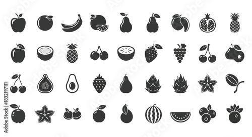 Fruit silhouette icon set healthy organic food isolated on vector illustration of apple, banana, orange, pear, pineapple and other fruits