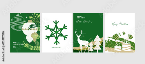 Modern Merry Christmas Colorful Holiday Greeting Card with xmas design element , snow flake, dear, tree, gift box, 