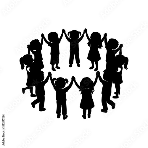 Diverse group of joyful children forming a united circle, holding hands in a silhouette illustration symbolizing global friendship, community, and childhood unity in play