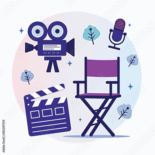 Filmmaking equipment including a vintage camera, clapperboard, director's chair, and microphone arranged in a playful illustration with a soft color.