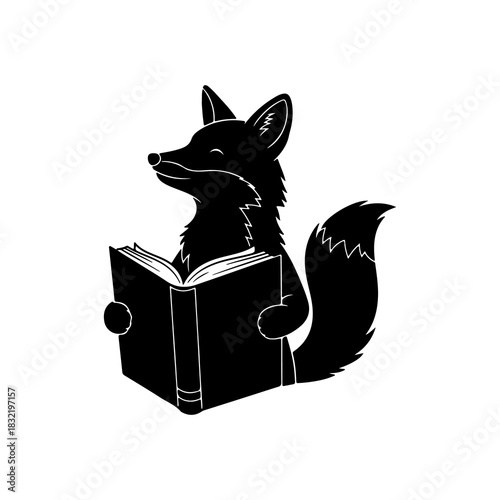 A charming silhouette of a fox deeply engrossed in reading a book, representing knowledge, learning, and the joy of intellectual pursuit through a captivating animal illustration