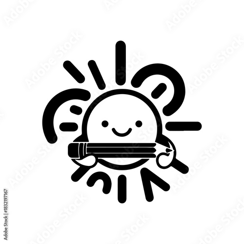 Monochrome emblem of a smiling sun holding a pencil, a symbol of creative thinking, inspiration, and artistic pursuit