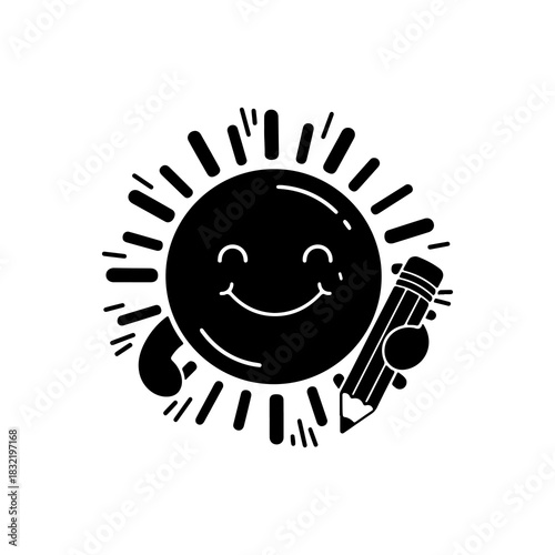 Sunny Creativity Whimsical Sun Character Holding a Pencil for Artistic Designs