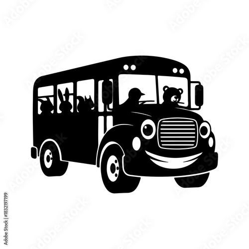 Cartoon School Bus with Animal Passengers - Black and White Illustration