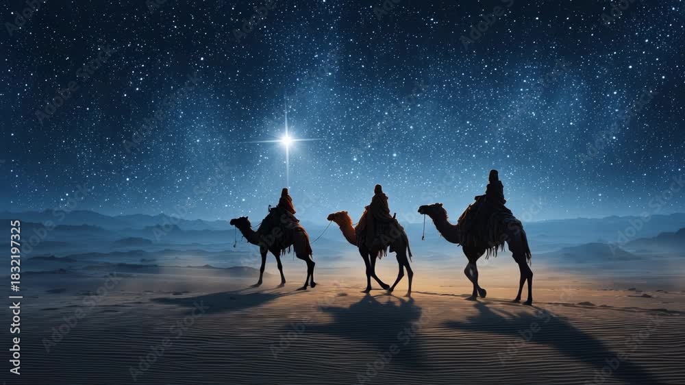 Three wise men riding camels under starry night sky following the ...