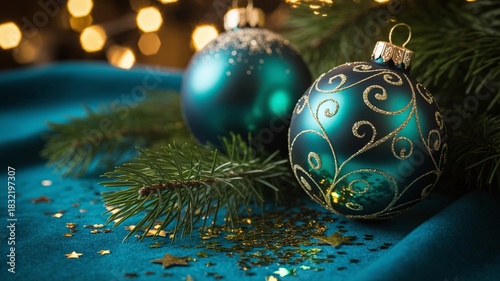 Luxurious teal Christmas ornaments with gold glitter and elegant swirl design resting on deep blue velvet fabric and pine branches.