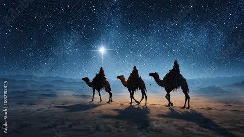 Three wise men riding camels under starry night sky following the bright Bethlehem star in desert nativity scene