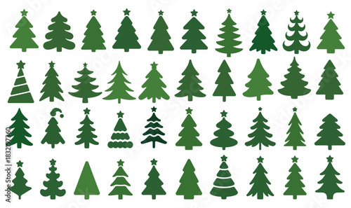 Christmas Tree Silhouette Clipart Collection – Festive Pine Tree Icons, Holiday Decoration Graphics, Winter Season Forest Shapes and Xmas Symbol Vector Illustrations on White Background.