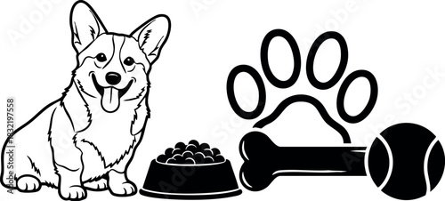 Black and white line art corgi dog facing viewer with tongue out beside food bowl, large paw print, bone toy and tennis ball on clean background