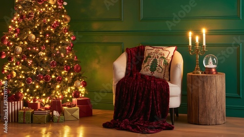Cozy Christmas Eve Interior Scene with Lit Tree, White Armchair, Red Velvet Throw Blanket and Vintage Candle Holder on Green Wall