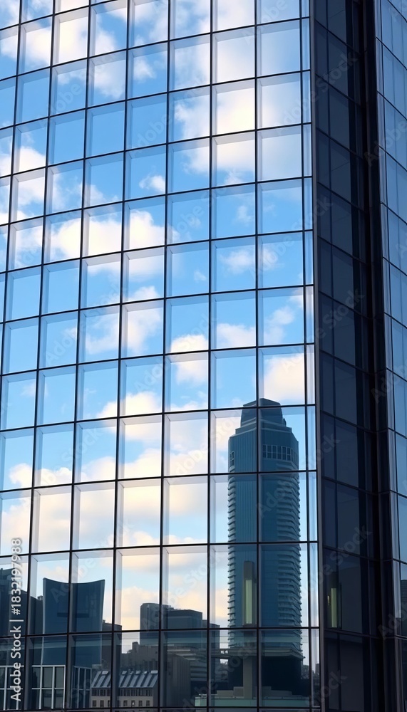Obraz premium Glass facade of a contemporary office tower reflecting the sky and surrounding cityscape, facade, cityscape