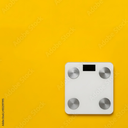 White digital weight scale on a vibrant yellow background, modern design