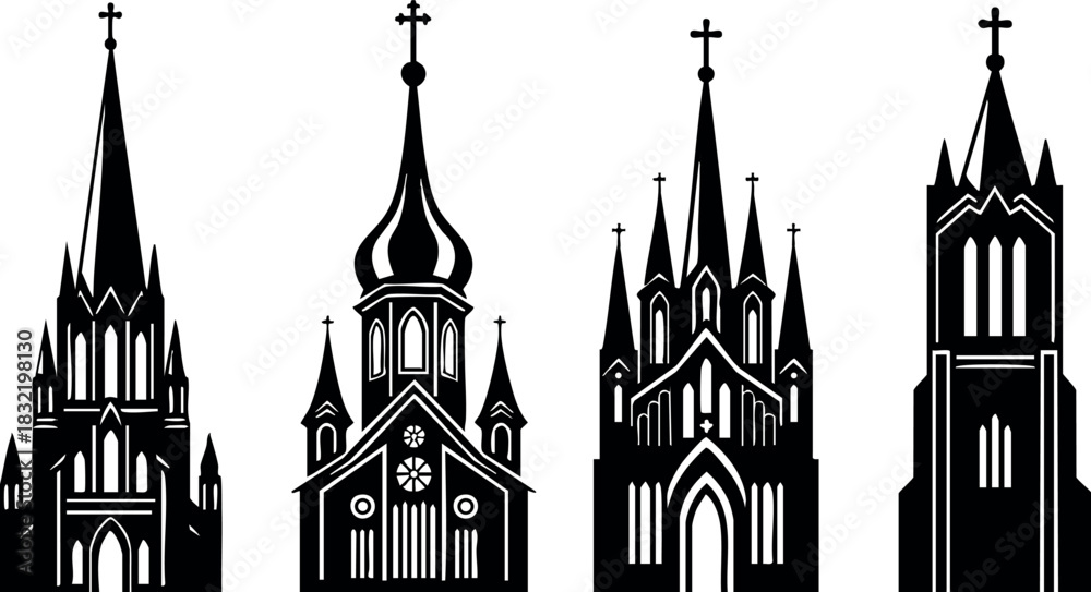 Fototapeta premium Gothic flat design silhouettes of four different church towers in a row, mixed spire shapes and arched windows, black vector art on white, minimal religious architecture mood