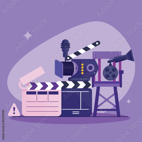 Flat Vector Illustration of Movie Production Equipment on Purple Background
