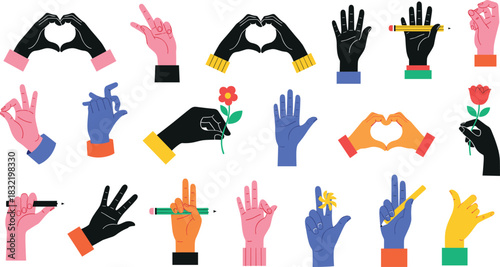 Mega collection of diverse, colorful hand gestures in flat design, including heart shapes, pointing, holding pencil and flower, symbolizing love, care, creativity, sign language, and fine motor skills