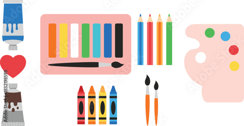 Colorful collection of flat design art and drawing supplies vector set featuring paint tubes, crayons, colored pencils, paintbrush, and a palette for creative design, education, and artistic concepts
