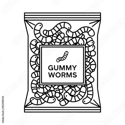 Black and white illustration of a bag of gummy worms with a label