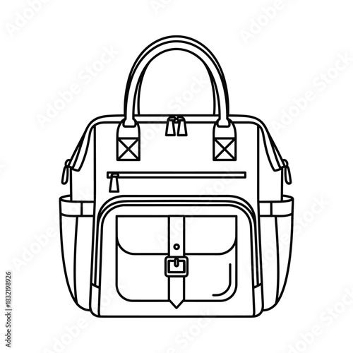 Clean line art drawing of a stylish modern diaper bag with multiple pockets and handles