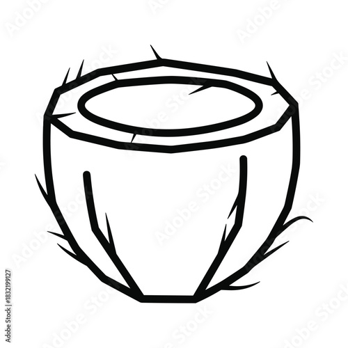 Simple outline drawing of a halved coconut with fibrous husk and inner flesh