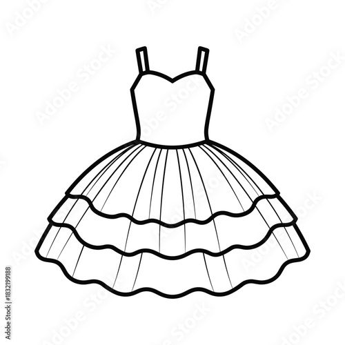 Simple line drawing of a tutu dress with spaghetti straps and ruffled skirt