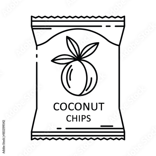 Simple line art icon of a coconut chips snack bag with a coconut illustration