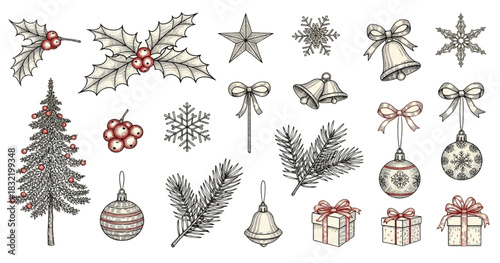 Hand-Drawn Christmas Decorations and Winter Holiday Elements for Festive Seasonal Design