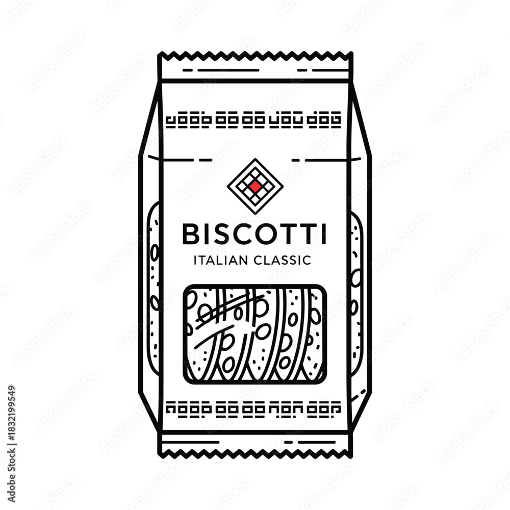 Naklejka premium Hand drawn illustration of a package of biscotti cookies with italian text and a diamond logo