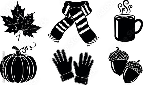 Monochrome flat design autumn icons with maple leaf, striped scarf, steaming mug, pumpkin, gloves and acorns arranged in simple seasonal vector art style