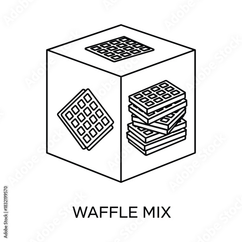 Isometric cube illustration of a waffle mix box with waffles on display