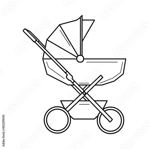 Simple black and white line drawing of a classic baby pram or stroller