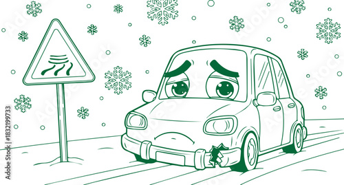 Car struggles on a snowy road with a slippery road sign during a winter storm on transparent background
