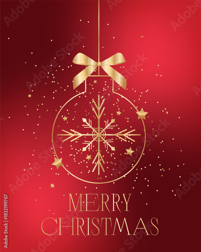 Illustration of a golden New Year's ball with stars on a dark red background.