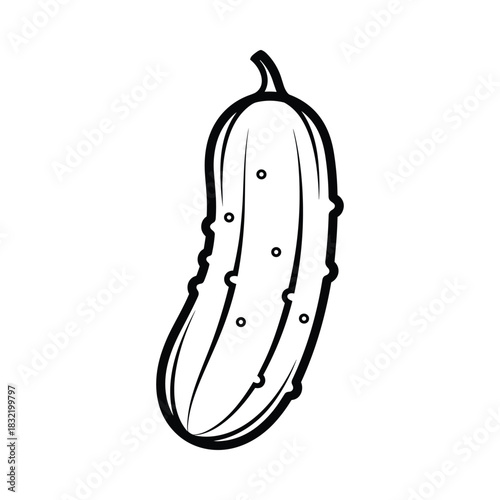 Simple black and white line drawing of a whole pickle with seeds and stem