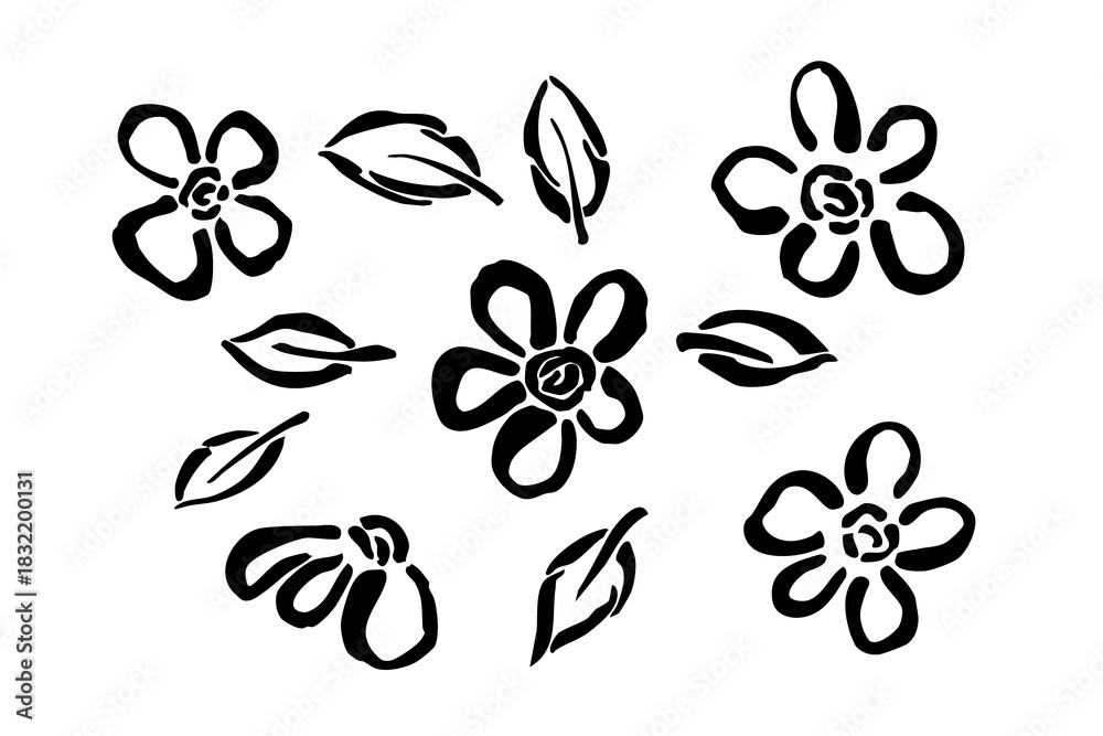 Fototapeta premium Hand-drawn sketch of flowers and leaves with a black brush. Vector floral elements. Abstract primitive botanical drawing isolated on a white background.
