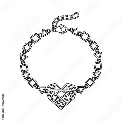 Geometric heart bracelet with interlocking chain links and pendant