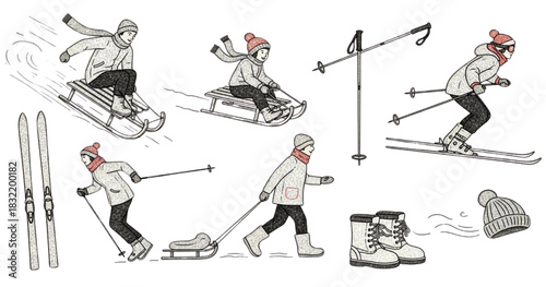 Skiing Action and Equipment Illustrations Showing Winter Sports Activities and Gear