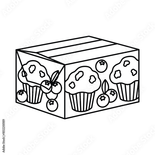 Hand drawn illustration of a cardboard box filled with blueberry muffins and blueberries